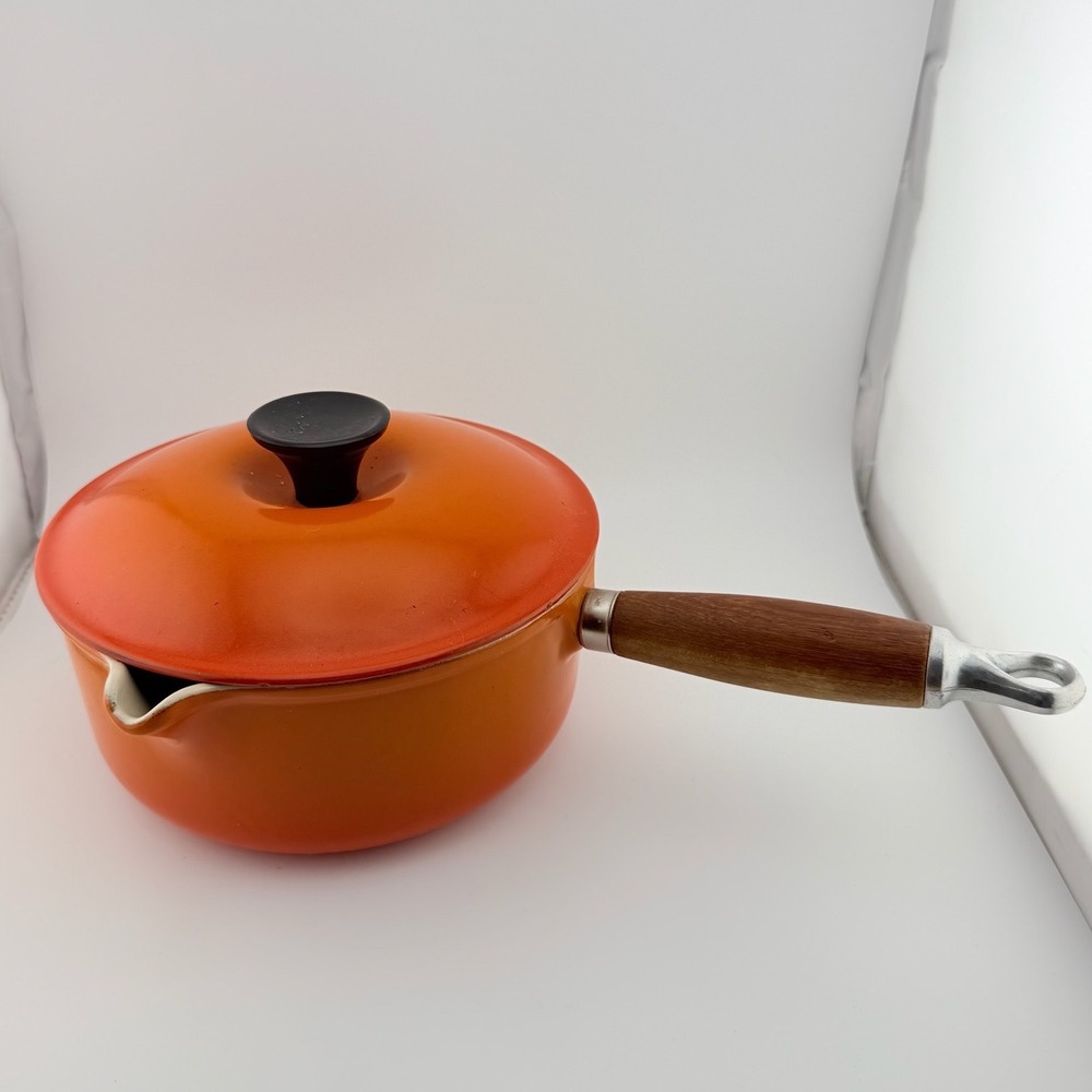 Le Creuset 18 Flame Orange Vintage Enamel Cast Iron Saucepan Wood Handle